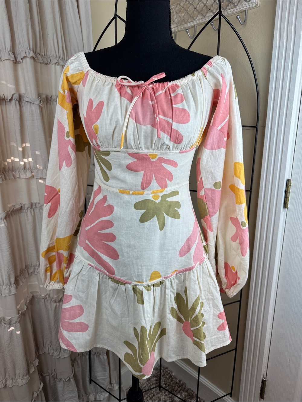 SABO Cream Floral Off-Shoulder Mini Dress with Pink & Olive Blooms Size S NWT
